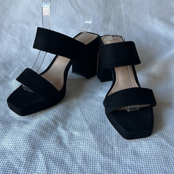 Zara Black Chunky Heel Suede 2 Straps Square Toe Sandals Size 39 (8) - Picture 5 of 12